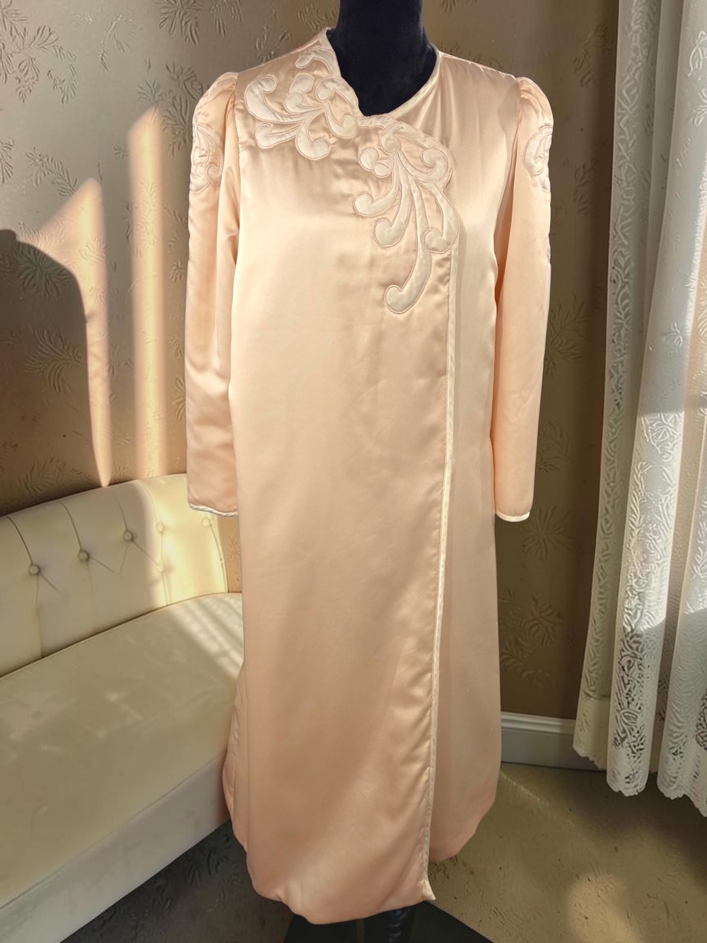 Peach Satin Padded House Coat with Floral Embroidery Maxi Length